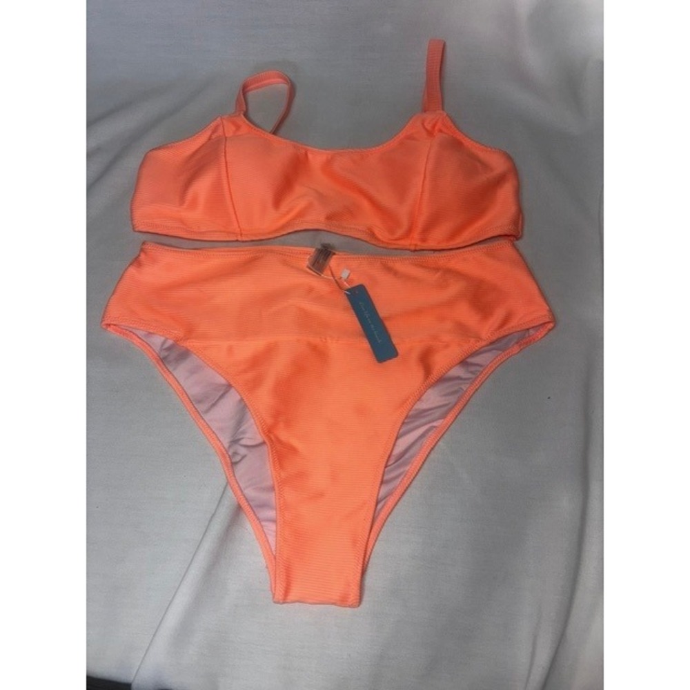 Live Life on the Beach Neon Orange Ribbed High Waisted Bikini Set XXL NWT